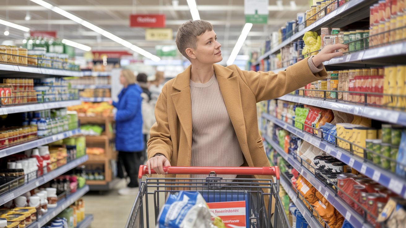 frau nimmt ein produkt aus dem supermarkt regal