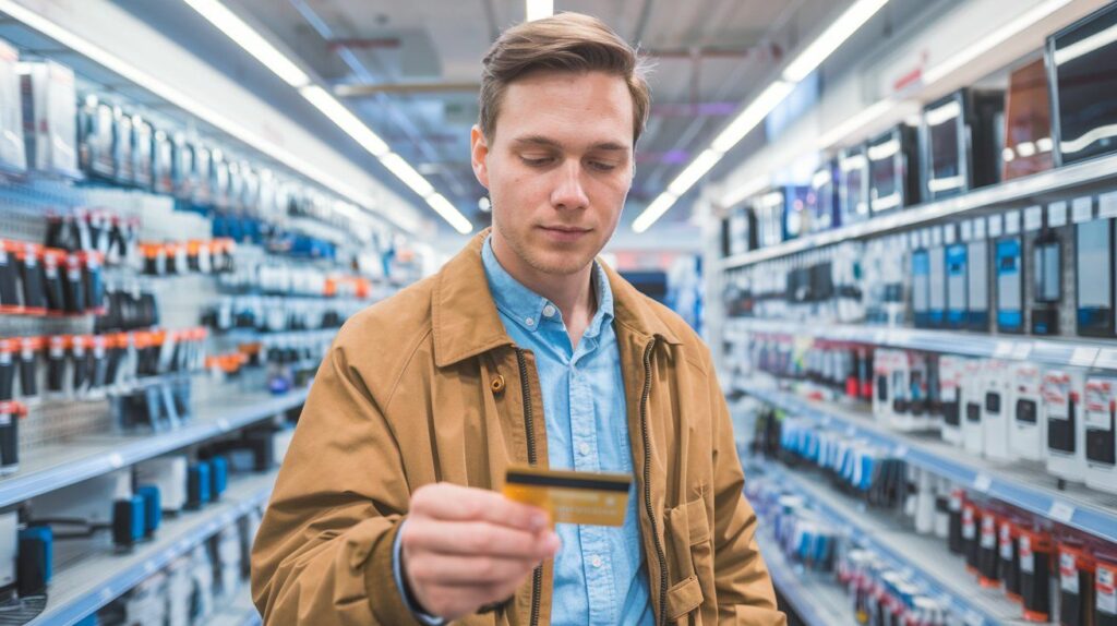 Mann bezahlt im elektronik geschäft mit goldener kreditkarte