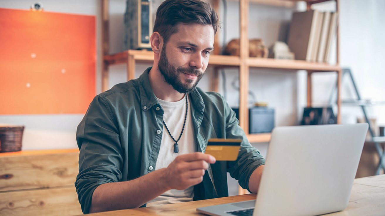 Mann kauft online mit goldener Kreditkarte ein