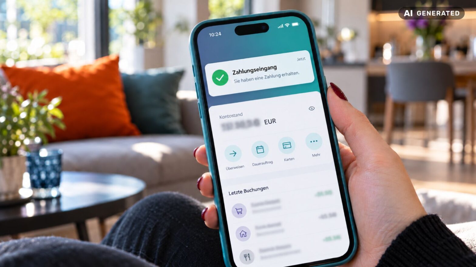 Eine Frau prüft Geldeingänge und -ausgänge in ihrer Banking-App